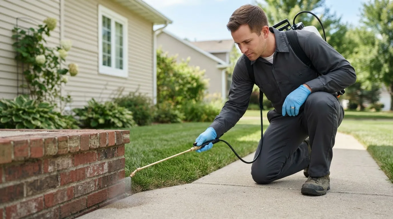 Pest control technician treating a home near Hughes, AR