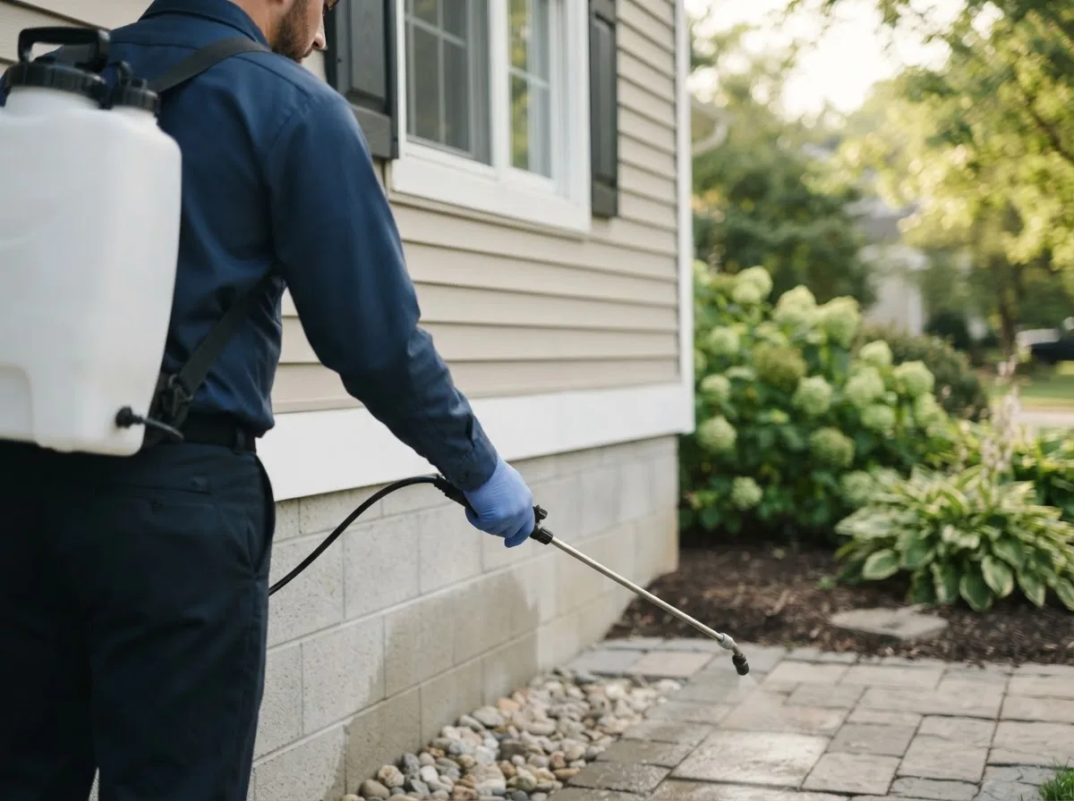 Pest control technician inspecting a home in Hughes, AR